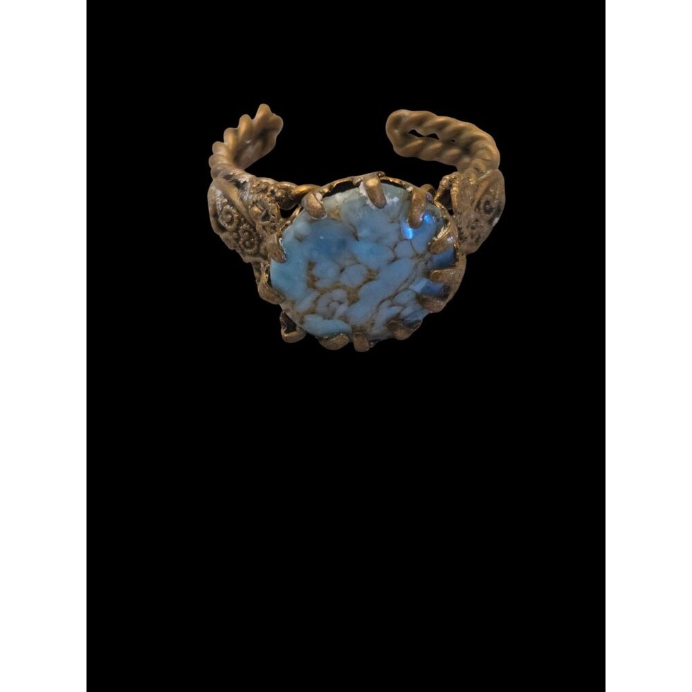 Vintage Bronze Adjustable Ring With Turquoise Stone & Ornate Scrollwork Design
